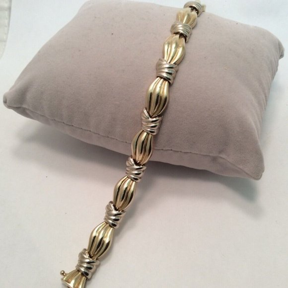 14k Yellow REAL Solid 2 Tone Gold XO Hearts and Kisses Bracelet 7 1/2''  17gram - Picture 1 of 8
